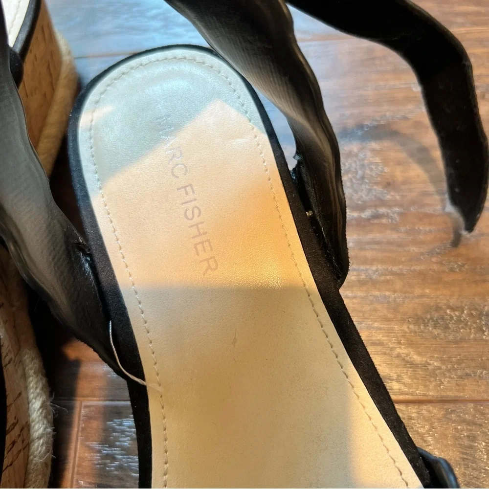 Marc Fisher Faitful Black Suede Platform Wedge Cork Sandal | 8.5